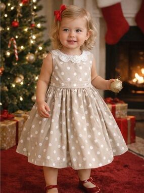 Neiman Marcus Beige Polka Dot Dress with Lace Collar